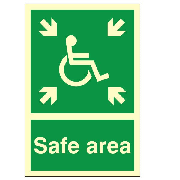 Photoluminescent (Luminous) Rigid PVC Safe Area Sign 150mm Wide x 200mm High - JEM Systems UK