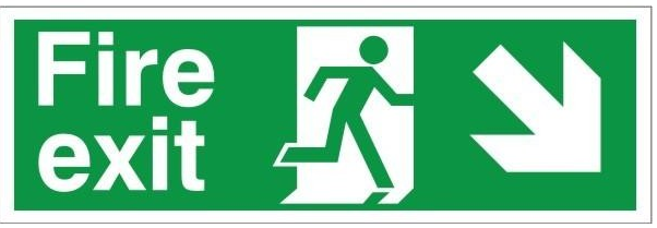Fire Exit Sign, Down & Right Arrow, Rigid Plastic with Self Adhesive, 600mm x 200mm (FE.07D-RP-SA) - JEM Systems UK