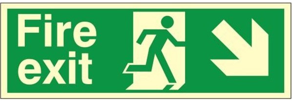 Fire Exit Sign, Down & Right Arrow, Photoluminescent Rigid Plastic with Self Adhesive, 600mm x 200mm (CPPP.07D-RP-SA) - JEM Systems UK