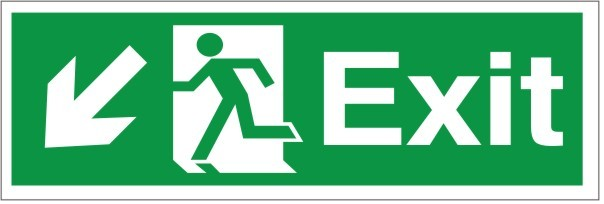 Self Adhesive Exit Down & Left Running Man Sign 300x100mm - JEM Systems UK
