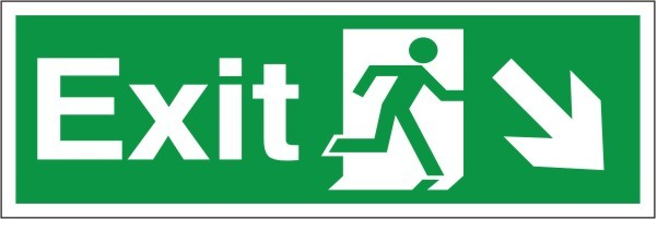 Self Adhesive Exit Down & Right Running Man Sign 400x150mm - JEM Systems UK