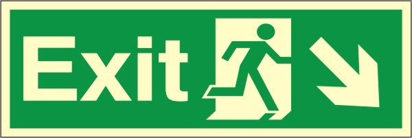 Luminous Self Adhesive Exit Down & Right Running Man Sign 400x150mm - JEM Systems UK