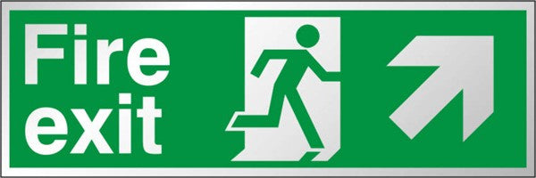Aluminium Fire Exit Up & Right Prestige Metal Running Man Sign 300x100mm - JEM Systems UK
