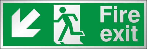 Aluminium Fire Exit Down & Left Prestige Metal Running Man Sign 300x100mm - JEM Systems UK
