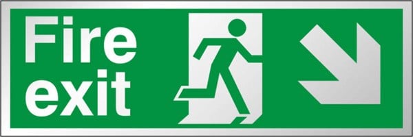 Fire Exit Sign, Down & Right Arrow, Brushed Aluminium, 300mm x 100mm (BFE.07E) - JEM Systems UK