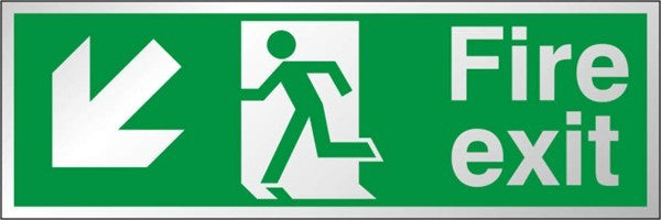 Aluminium Fire Exit Down & Left Prestige Metal Self Adhesive Running Man Sign 300x100mm - JEM Systems UK
