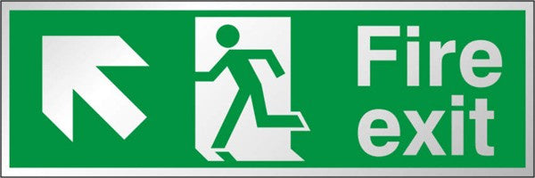 Aluminium Fire Exit Up & Left Prestige Metal Self Adhesive Running Man Sign 400x150mm - JEM Systems UK