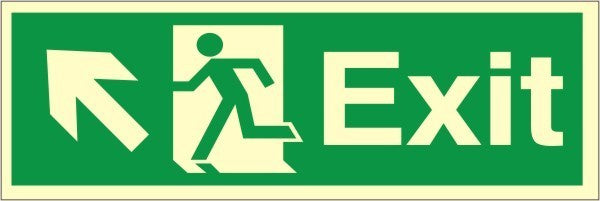 Luminous Self Adhesive Exit Up & Left Running Man Sign 600x200mm - JEM Systems UK