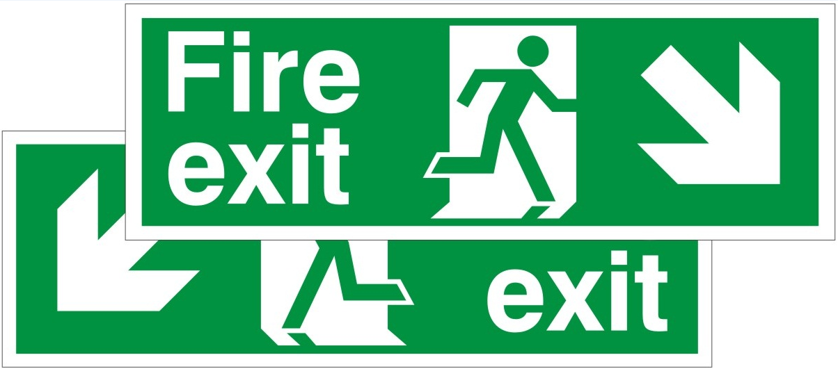 Double Sided Fire Exit Down & Left Foamex Running Man Sign 400x150mm - JEM Systems UK
