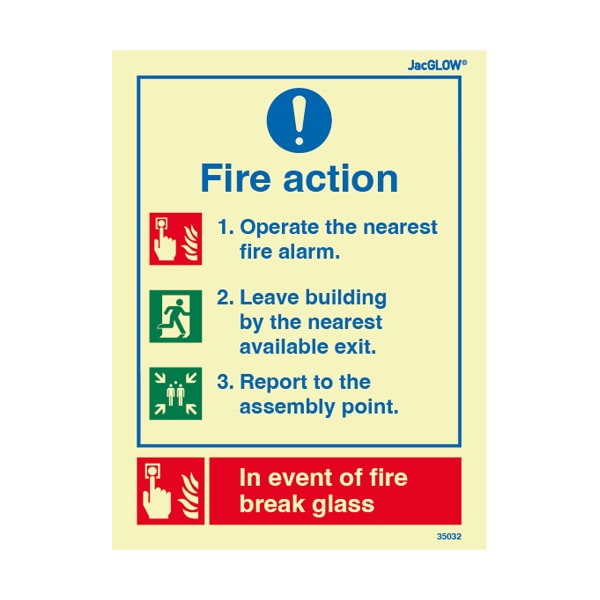 Jactone 200 x 150mm Fire Action Notice - Photoluminescent Rigid PVC (35032R)