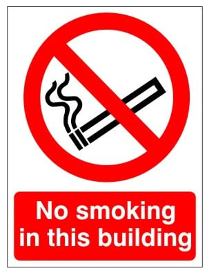 White Rigid PVC No Smoking In This Building Sign 150mm Wide x 200mm High - JEM Systems UK
