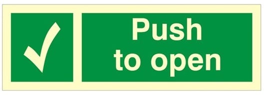 Photoluminescent (Luminous) Rigid PVC Push To Open Sign 300mm Wide x 100mm High - JEM Systems UK