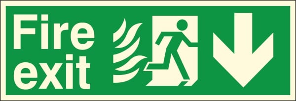 HTM65 Compliant Fire Exit Down - 400 x 150mm Luminous - JEM Systems UK