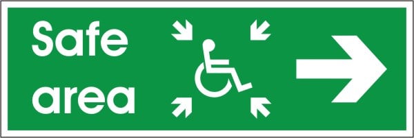 White Rigid PVC Refuge Safe Area Sign - Right 400mm Wide x 150mm High - JEM Systems UK
