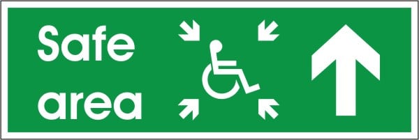 White Rigid PVC Refuge Safe Area Sign - Up/Forward 400mm Wide x 150mm High - JEM Systems UK