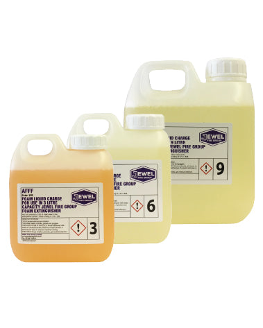 Jewel 9FR Foam Refill for 9L Extinguishers (rear container, marked 9) shown with the Jewel 3L and 6L foam refills