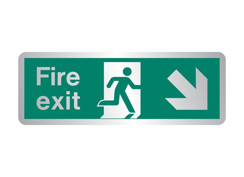 Firechief Sign Fire Exit Down Right Brushed Stainless Steel (STB439T)