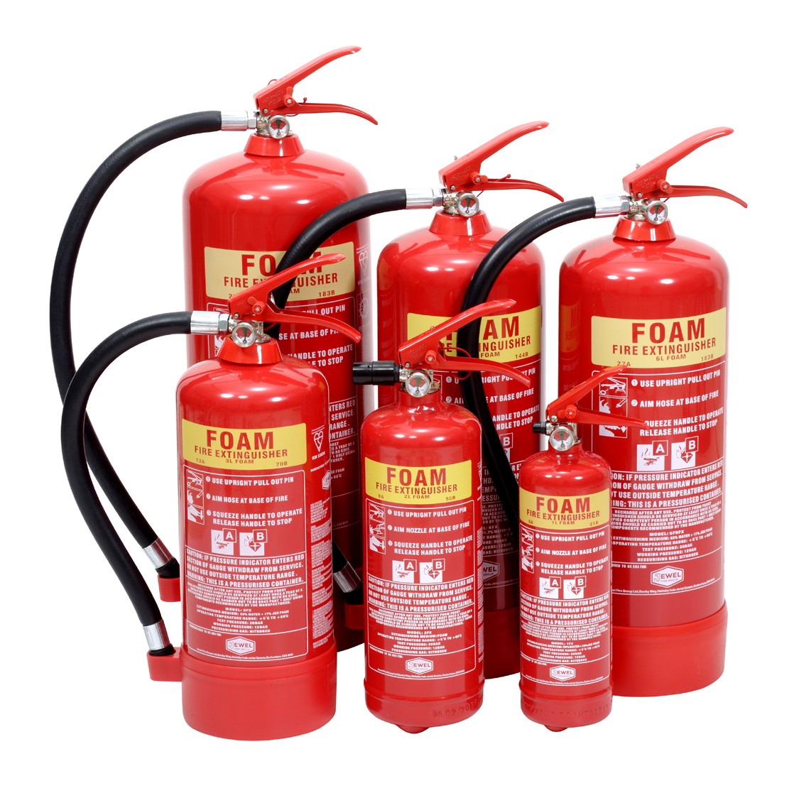 Jewel 6FHPX 6 Litre High Performance Foam Fire Extinguisher (right, 27A 183B) shown with the Jewel AFFF foam range
