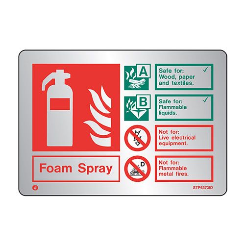 Firechief Brushed Stainless Steel Foam Spray Extinguisher ID Sign Radius Corners (STB6373ID)