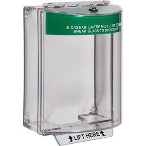 STI 13120EG Surface Mount Universal Stopper with Sounder, 'EMERGENCY EXIT' Label, Green