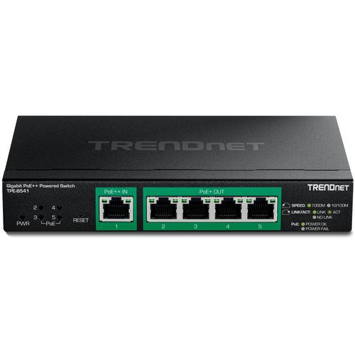 TRENDnet TPE-B541 5-Port Gigabit PoE++ Powered Managed Switch with PoE Passthrough, (1) Gigabit PoE++ Input Port, (4) Gigabit PoE+ Output Ports, Wall-Mountable Metal Housing