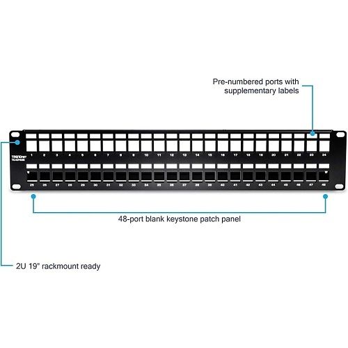 TRENDnet TC-KP48S 48-Port Blank Keystone Shielded, 2U 19", HD Patch Panel, Black