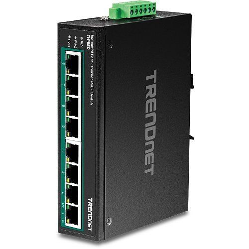 TRENDnet TI-PE80 8-port industrial switch, Fast Ethernet, PoE+, DIN rail mount