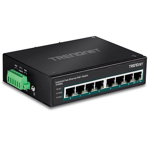 TRENDnet TI-PE80 8-port industrial switch, Fast Ethernet, PoE+, DIN rail mount