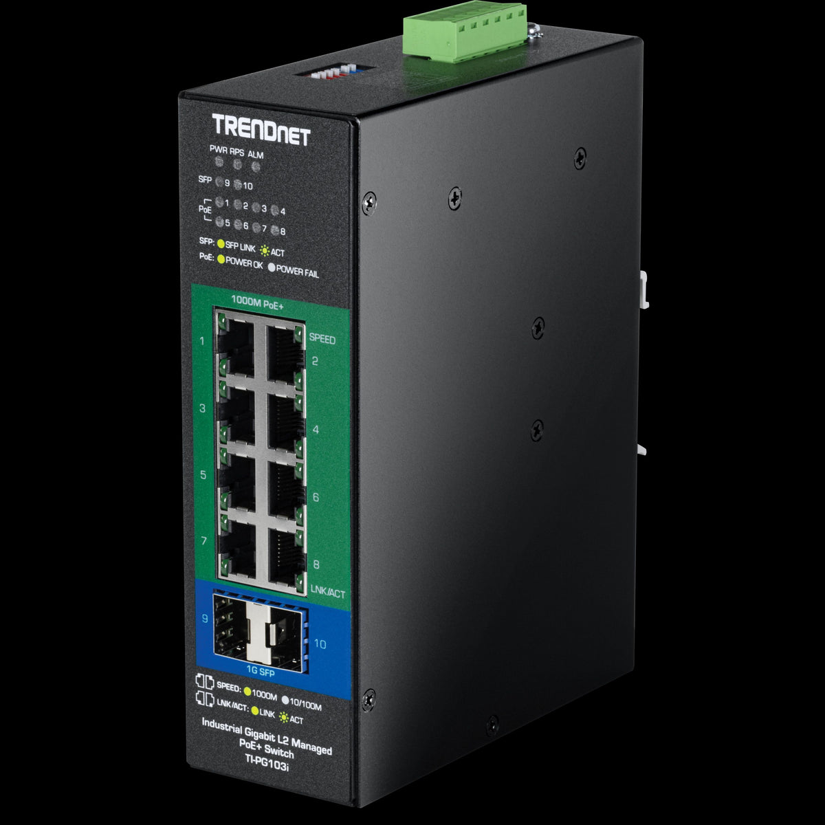 TRENDnet TI-PG103i 10-Port Industrial Gigabit L2 Managed PoE+ DIN-Rail Switch 24-57V, (8) Gigabit PoE+ Ports, (2) SFP Ports, IP40, Metal Housing