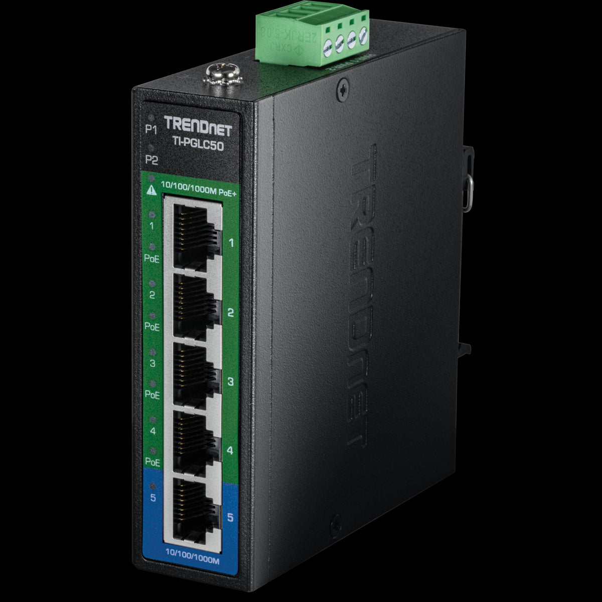 TRENDnet TI-PGLC50 5-Port Industrial Gigabit PoE+ DIN-Rail Mini Switch, 90W, IP30
