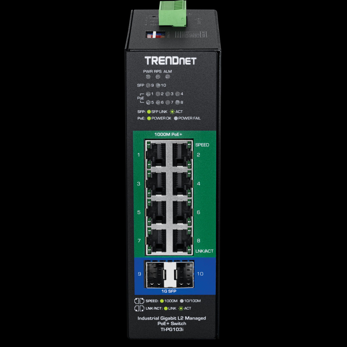 TRENDnet TI-PG103i 10-Port Industrial Gigabit L2 Managed PoE+ DIN-Rail Switch 24-57V, (8) Gigabit PoE+ Ports, (2) SFP Ports, IP40, Metal Housing