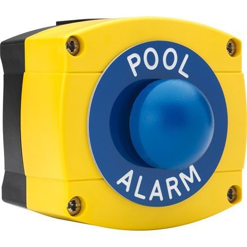 3E 3E0657B-YB-PA Dome Push Button, Momentary Contact, IP66 Surface Mount, POOL ALARM Text, Yellow and Black Housing, Blue Button