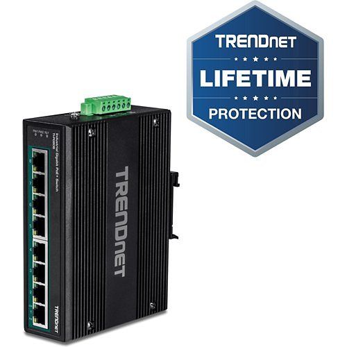 TRENDnet TI-PG80B 8-Port Hardened Industrial Unmanaged Gigabit 10/100/1000mbps Din-Rail Switch W/ 8 X Gigabit PoE Ports; Ti-Pg80b; 24 ? 56v DC Power Inputs With Overload Protection