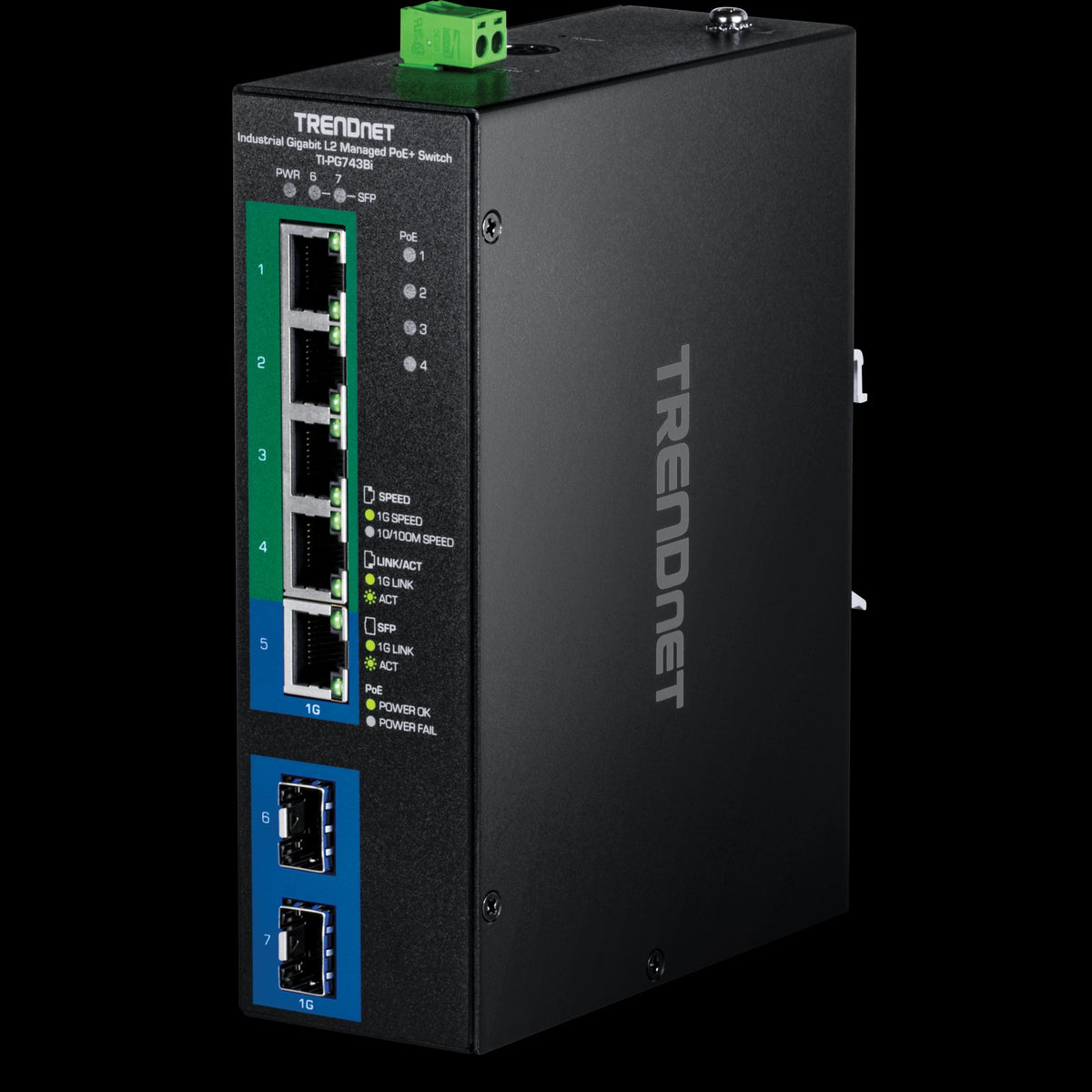 TRENDnet TI-PG743Bi 7-Port Industrial Gigabit L2 Managed PoE+ DIN-Rail Switch 24-57V, (4) Gigabit PoE+ Ports, (1) Gigabit Port, (2) SFP Ports, IP40, Metal Housing