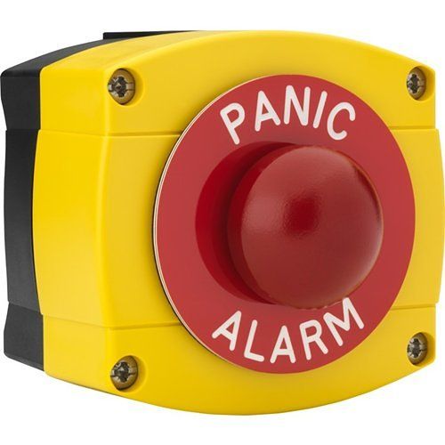 3E 3E0657R-YB-PCA Dome Push Button, Momentary Contact, IP66 Surface Mount, PANIC ALARM Text, Red with Yellow and Black Housing