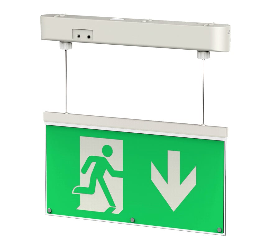 BLE WESTON Hanging Exit Sign with Self Test c/w Down Arrow Legend (EL-131850) - JEM Systems UK
