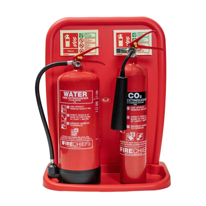 Water and CO2 fire extinguishers on a red double stand with ID signs