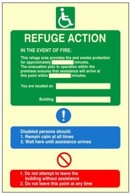 Photoluminescent (Luminous) Rigid PVC Refuge Action Plan Sign 150mm Wide x 200mm High - JEM Systems UK