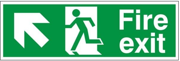 Self Adhesive PVC Fire Exit Up & Left Running Man Sign 600x200mm - JEM Systems UK