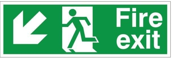 Self Adhesive PVC Fire Exit Down & Left Running Man Sign 600x200mm - JEM Systems UK