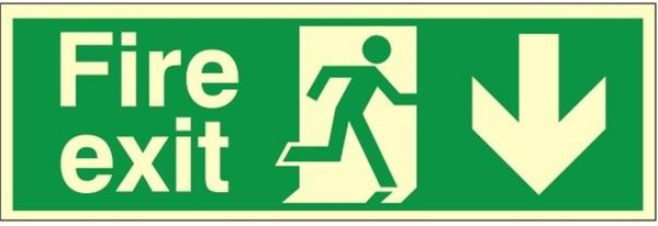 Fire Exit Sign, Down Arrow, Photoluminescent Rigid Plastic with Self Adhesive, 600mm x 200mm (CPPP.06D-RP-SA) - JEM Systems UK
