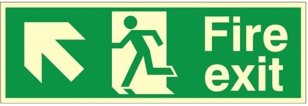 Luminous Self Adhesive PVC Fire Exit Up & Left Running Man Sign 600x200mm - JEM Systems UK