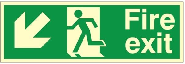 Luminous Self Adhesive PVC Fire Exit Down & Left Running Man Sign 600x200mm - JEM Systems UK