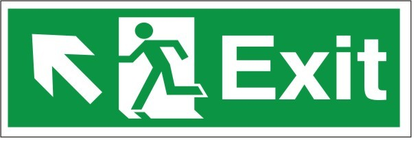 Self Adhesive Exit Up & Left Running Man Sign 400x150mm - JEM Systems UK