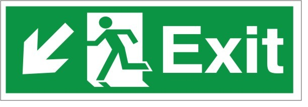 Self Adhesive Exit Down & Left Running Man Sign 400x150mm - JEM Systems UK