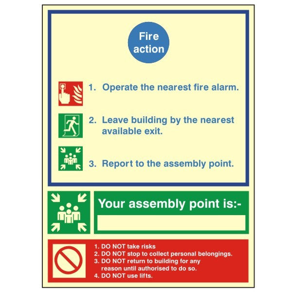 Photoluminescent (Luminous ) Rigid PVC Fire Action Notice Sign 150mm Wide x 200mm High - JEM Systems UK