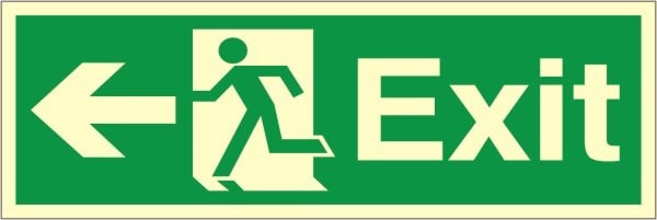 Luminous Self Adhesive Exit Left Running Man Sign 400x150mm - JEM Systems UK