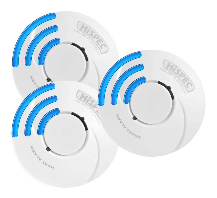 Hispec RF PRO 10 Year Longlife Battery Radio-Interlink 2 Smoke & 1 Heat Alarm Kit - JEM Systems UK