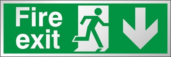 Fire Exit Sign, Down Arrow, Brushed Aluminium with Self Adhesive, 300mm x 100mm (BFE.06E-SA) - JEM Systems UK