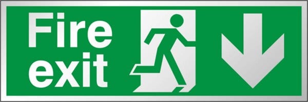 Fire Exit Sign, Down Arrow, Brushed Aluminium with Self Adhesive, 400mm x 150mm (BFE.06L-SA) - JEM Systems UK